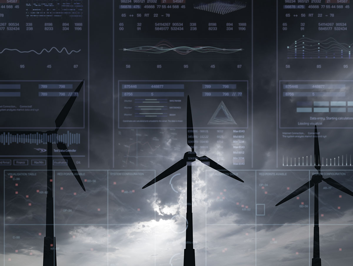 Wind mills in front of a monitoring panel